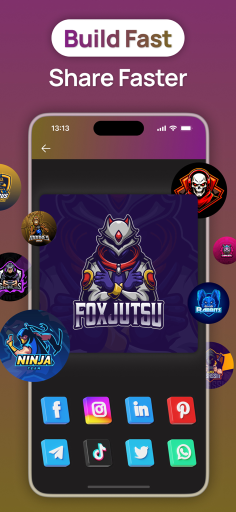 Gaming Logo Maker Esport Logo - Mobile app interface showing an esports logo design with various social media sharing icons
