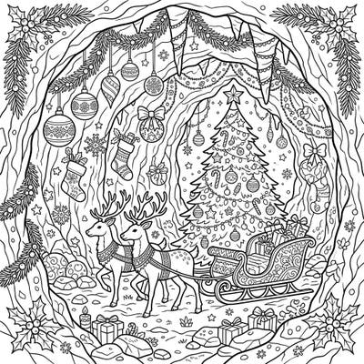 Discover a magical holiday scene with this Christmas Sea Caves coloring page, perfect for adults and teens. Bring to life a hidden grotto adorned with festive decorations, reindeer, and a beautifully decorated Christmas tree.