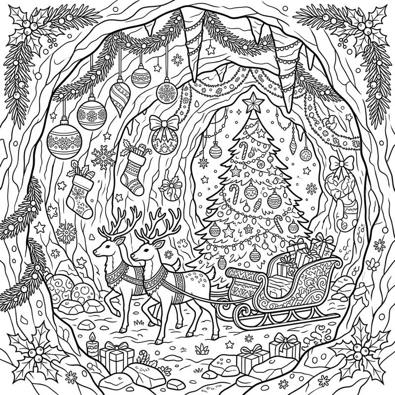 Discover a magical holiday scene with this Christmas Sea Caves coloring page, perfect for adults and teens. Bring to life a hidden grotto adorned with festive decorations, reindeer, and a beautifully decorated Christmas tree.
