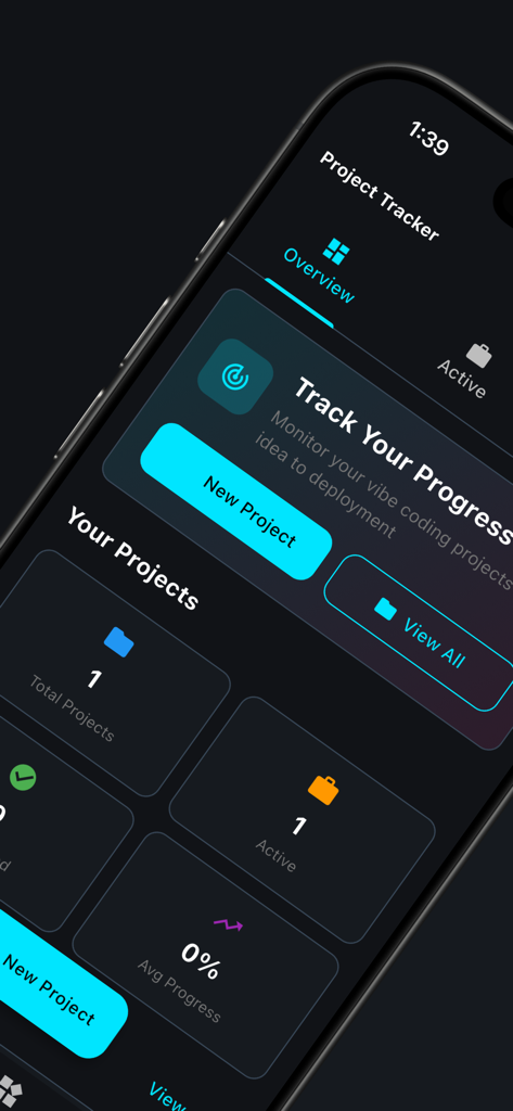 Vibe Coding Toolkit - Painel de acompanhamento de projetos no aplicativo móvel Vibe Coding Toolkit exibindo estatísticas de projetos e um botão de novo projeto.