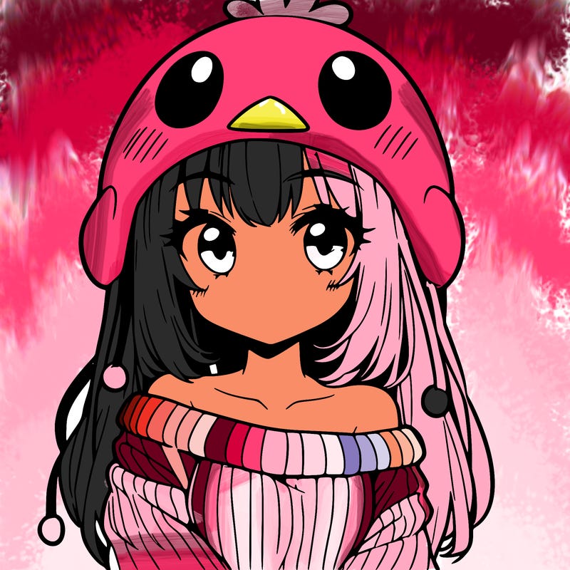 anime girl with chick shaped hat with sweater with bare shoulders with bangs covering them one eye with low tail