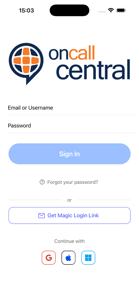On Call Central app login screen featuring email and password fields plus social sign in options for medical professionals