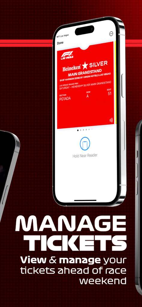 Tela do aplicativo oficial F1 Las Vegas mostrando ingressos digitais para a corrida e detalhes dos assentos no estádio