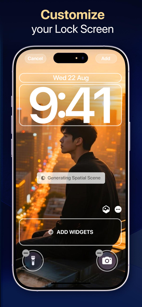 Spatial Wallpapers 3D - iOS lock screen customization showing a spatial 3D wallpaper of a person at sunset.