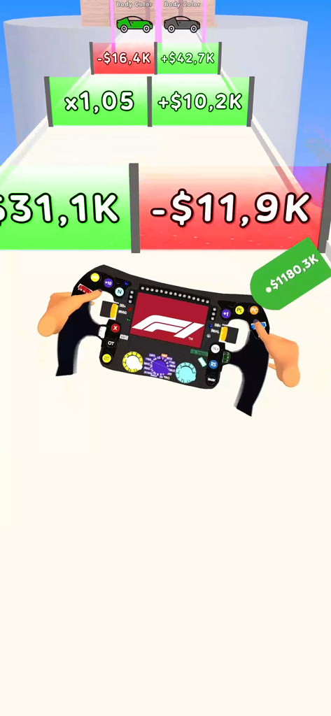 Steering Wheel Evolution - A person playing Steering Wheel Evolution mobile game holding an F1-style steering wheel while passing through positive and negative money gates on a track.