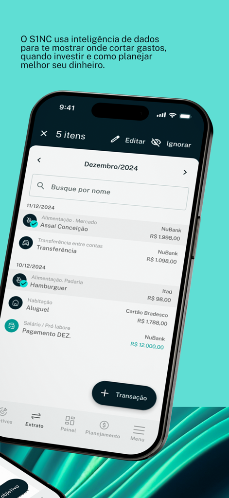 S1NC: Planejamento Financeiro - Smartphone screen showing the S1NC app list of financial transactions and spending categories