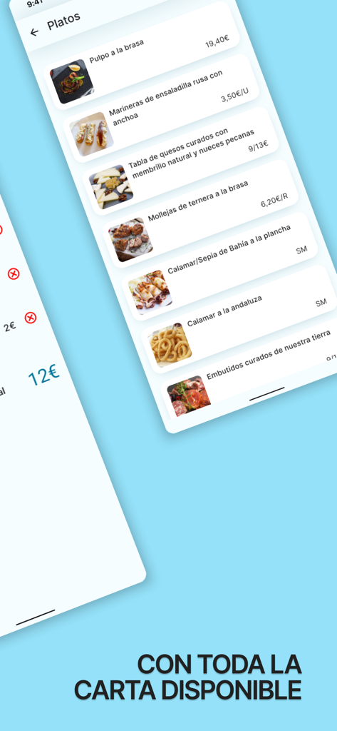 Taula - Interfaccia del menu digitale dell'app Taula che mostra foto e prezzi dei cibi