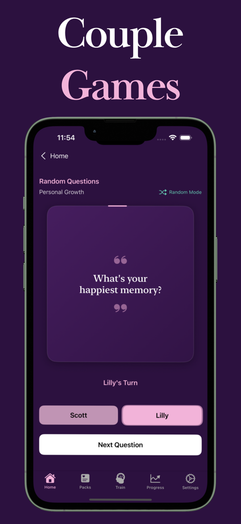 Couples Questions by Evermore - Interfaz de la app Evermore mostrando un juego de relación con la indicación, ¿cuál es tu recuerdo más feliz?