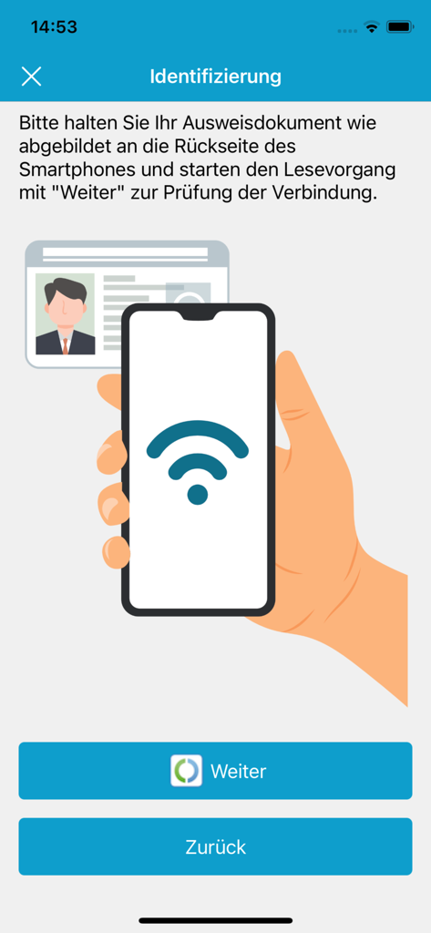 identity online - 電子本人確認のために、スマートフォンをIDカードにかざす手のグラフィック指示