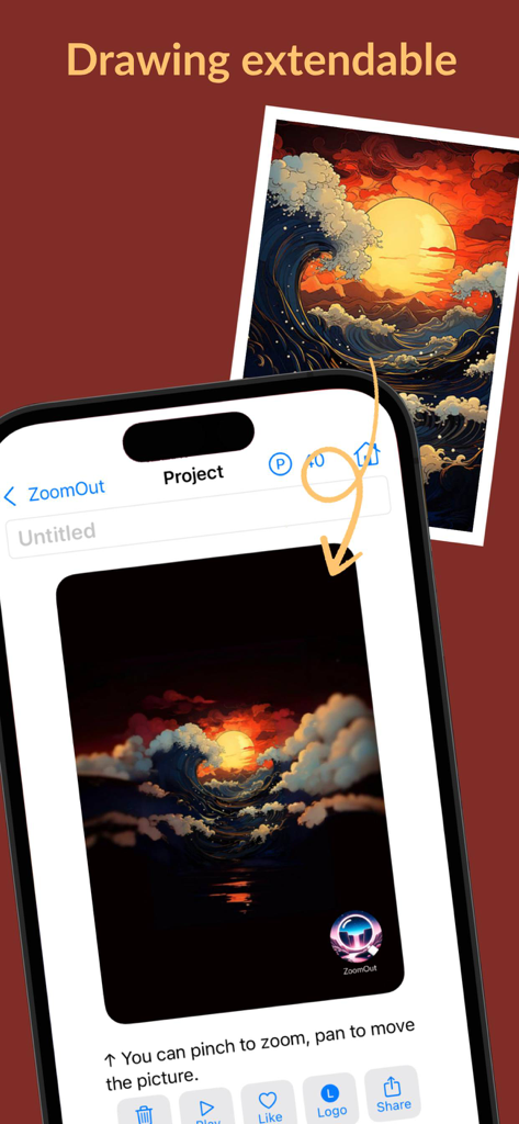 ZoomOut - Out paint your photo - Mobile App-Oberfläche zeigt KI-generative Erweiterung eines Sonnenuntergangs-Wellen-Gemäldes