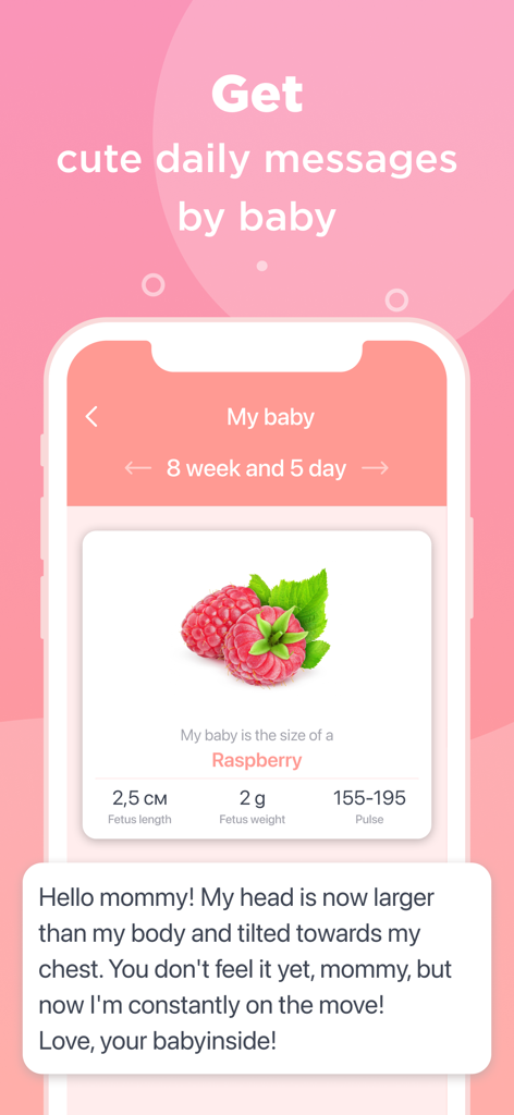 Pregnancy Tracker - BabyInside - Pregnancy tracker app screen showing baby size comparison to a raspberry and a cute daily message