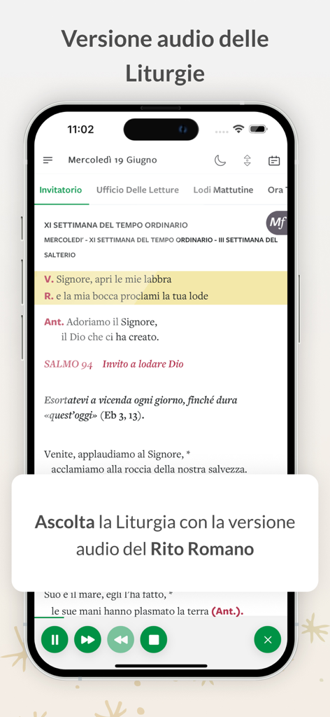 Schermata dell'app CEI Liturgia delle Ore che mostra l'interfaccia del lettore audio per la liturgia del Rito Romano