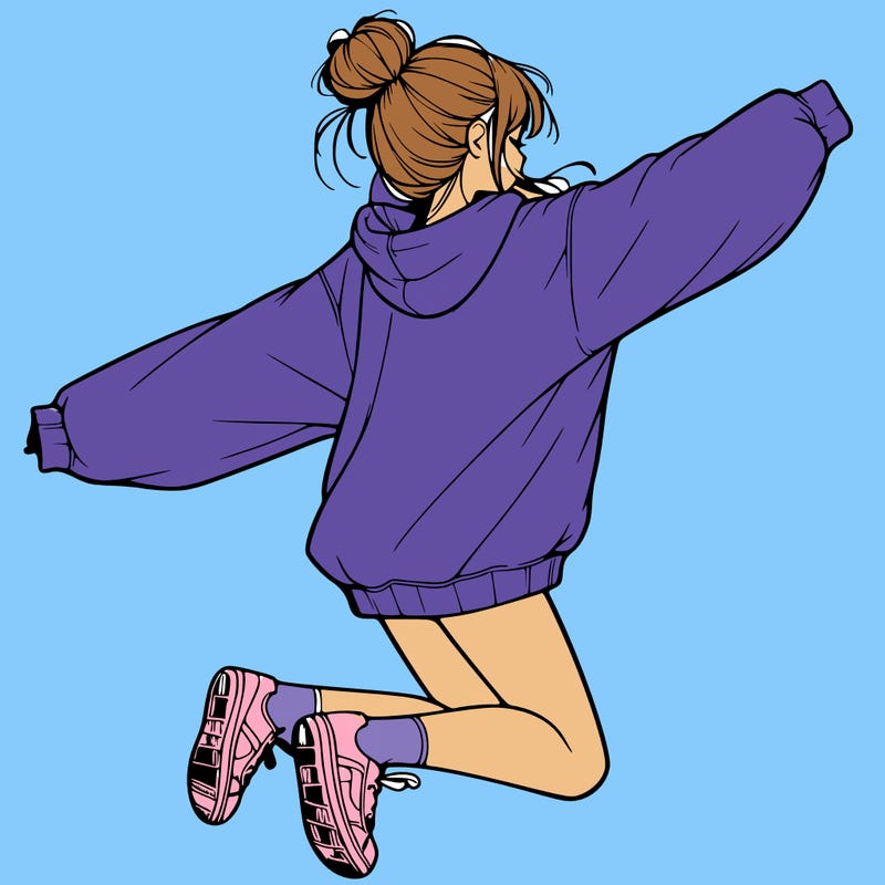 realistic girl jumping with a bun and oversized sweatshirt