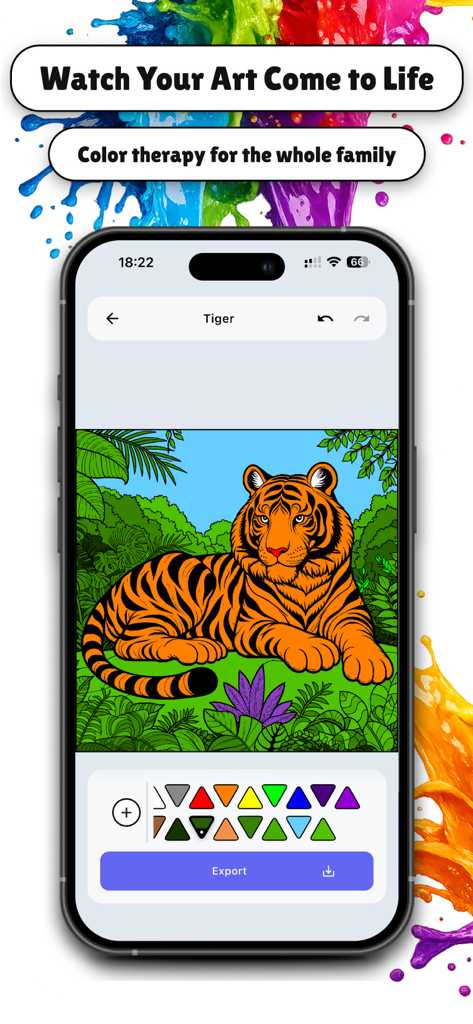 Coloring Book: Paint & Art - Interfaz de la aplicación de libro de colorear digital que muestra un tigre coloreado en una escena de jungla con una paleta de colores vibrantes y una opción de exportación