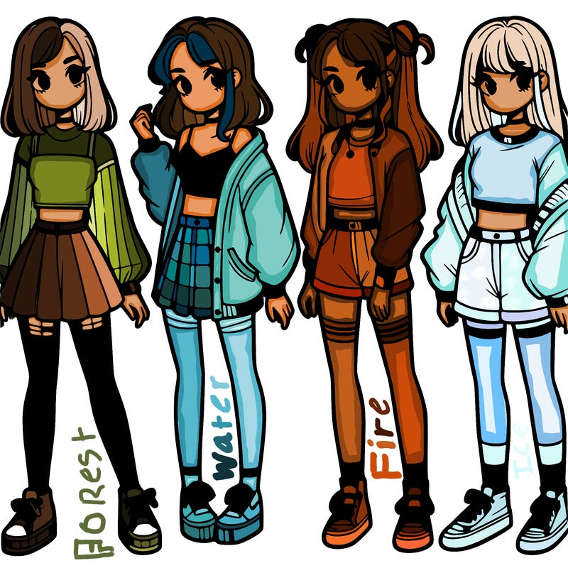 one girl with crop-top shirt and a jacket with a skirt, long socks and another girl with a shirt and pants with a jacket