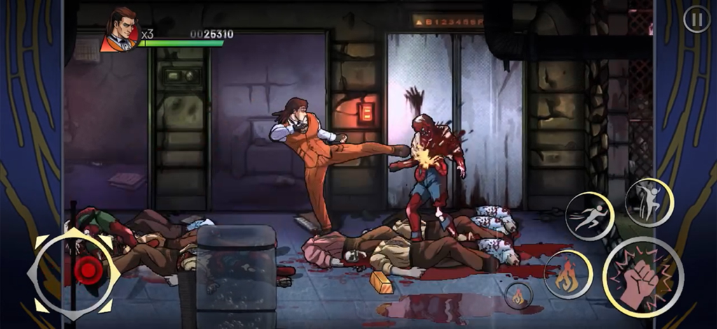 Night Slashers: Remake - A character performing a high kick on a zombie in a bloody beat em up scene from Night Slashers Remake