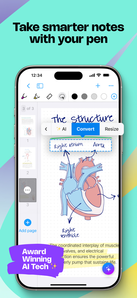 A smartphone screen displaying the MyScript Notes app with an anatomical heart diagram and an AI menu converting handwritten labels into typed text.
