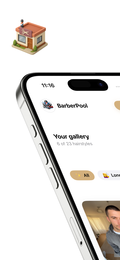 AI Haircuts Pro - Salon Tool - AI Haircuts Pro app interface showing the hairstyle gallery for BarberPool salon