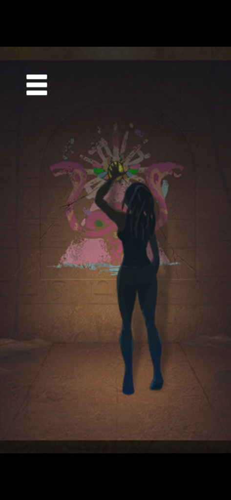 escape game: Pyramid TREASURE - Locko Minami enquêtant sur une fresque lumineuse à l'intérieur d'une pyramide égyptienne ancienne