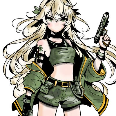 bad girl wearing crop top holding a gun long hair anime