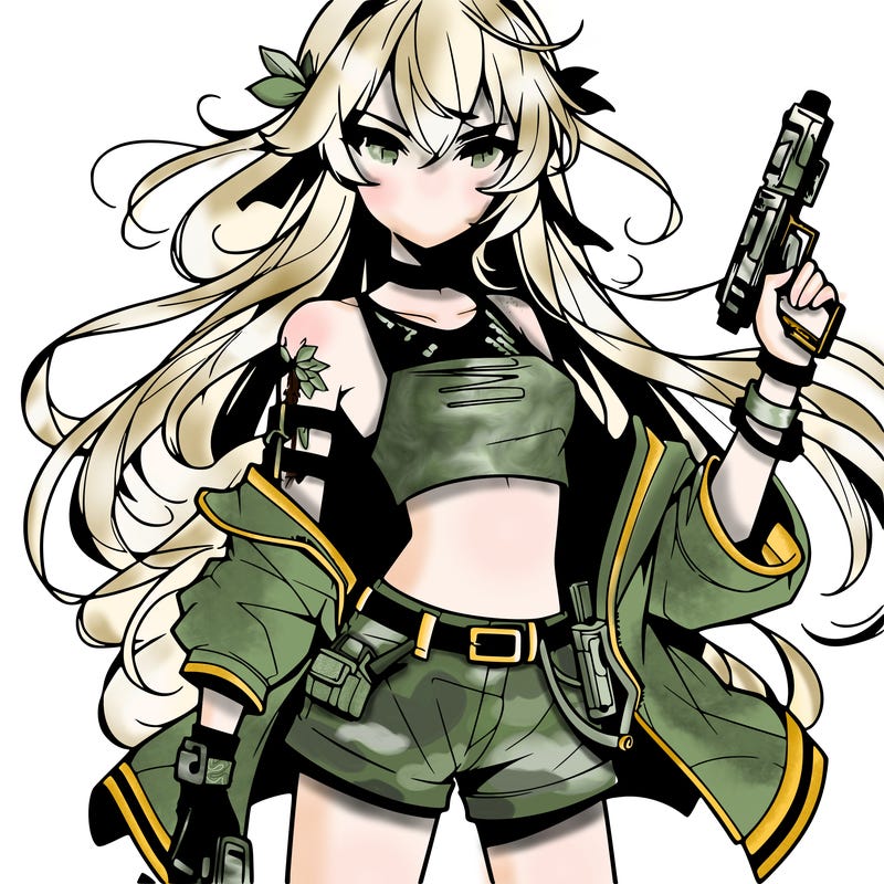 bad girl wearing crop top holding a gun long hair anime