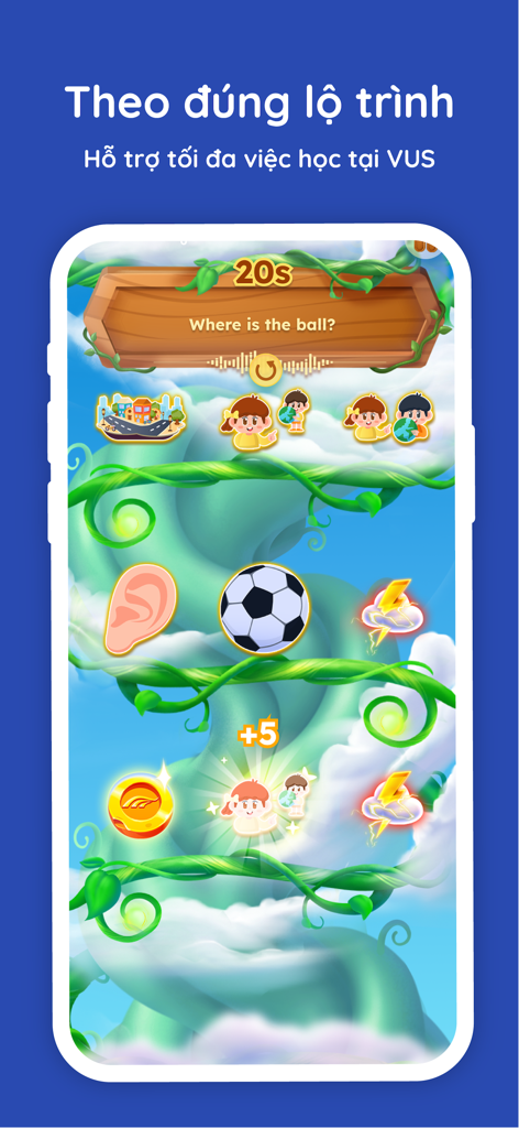 OVI Kids - Pantalla de juego interactivo de vocabulario en inglés en la aplicación OVI Kids con un balón de fútbol y la pregunta ¿Dónde está la pelota?.