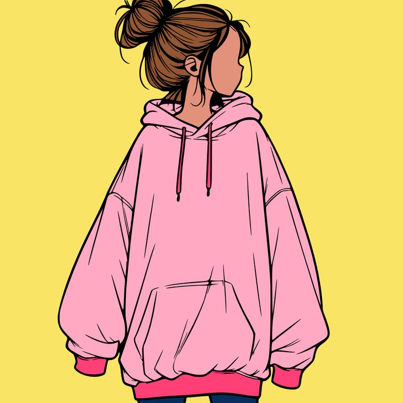 realistic girl with a oversized sweatshirt on and a bun