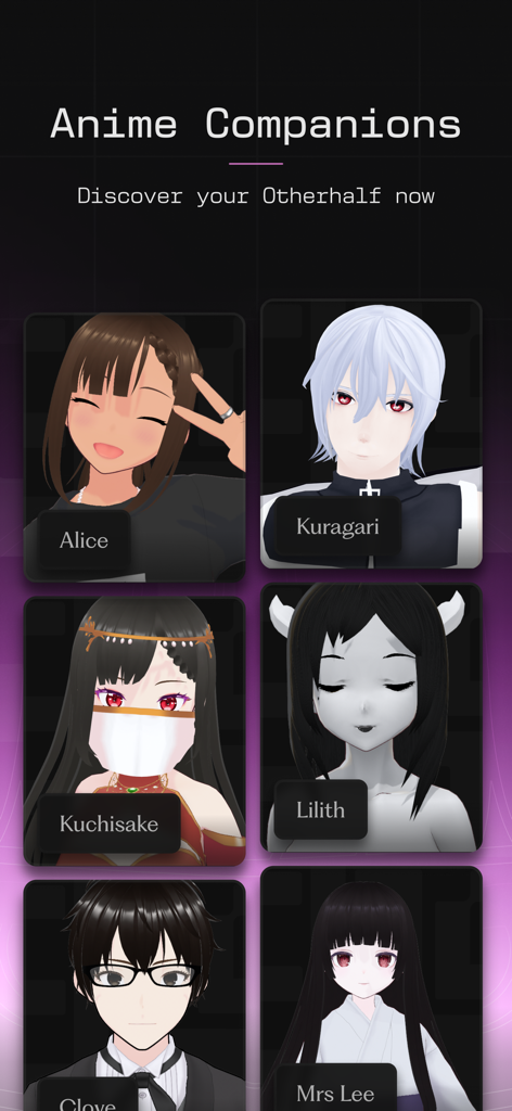 Otherhalf AI - Eine Auswahl von 3D-Anime-Charakteren in der Otherhalf AI App, darunter Alice Kuragari und Lilith