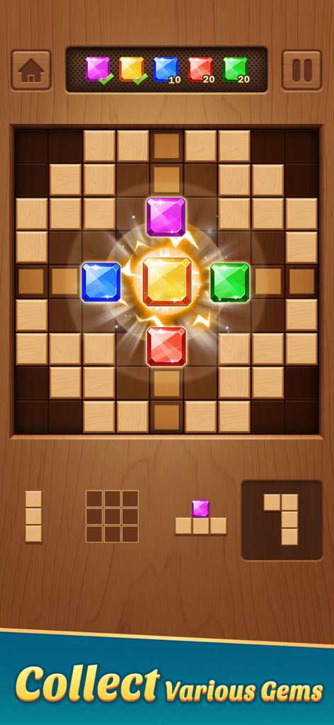 Wooden Block Adventure - Captura de pantalla del juego Aventura de Bloques de Madera mostrando gemas coloridas en una cuadrícula de puzzle de madera.