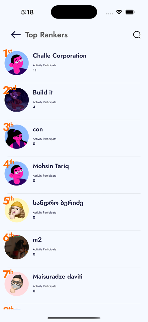 Challe Activity - Leaderboard screen in the Challe Activity app displaying top ranked participants and their activity counts