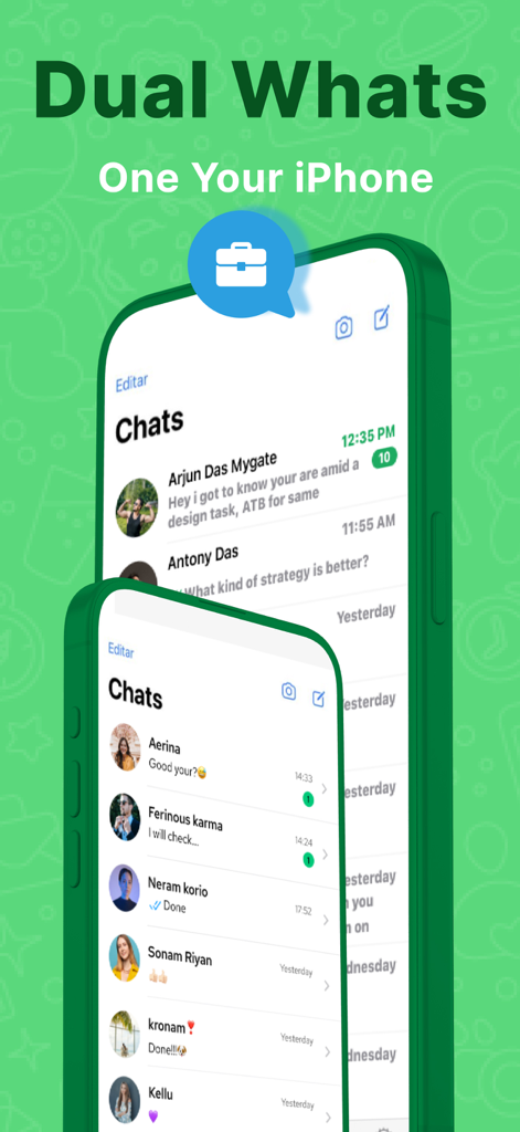 Recover Deleted Message Chat - Dual WhatsApp accounts interface on a single iPhone