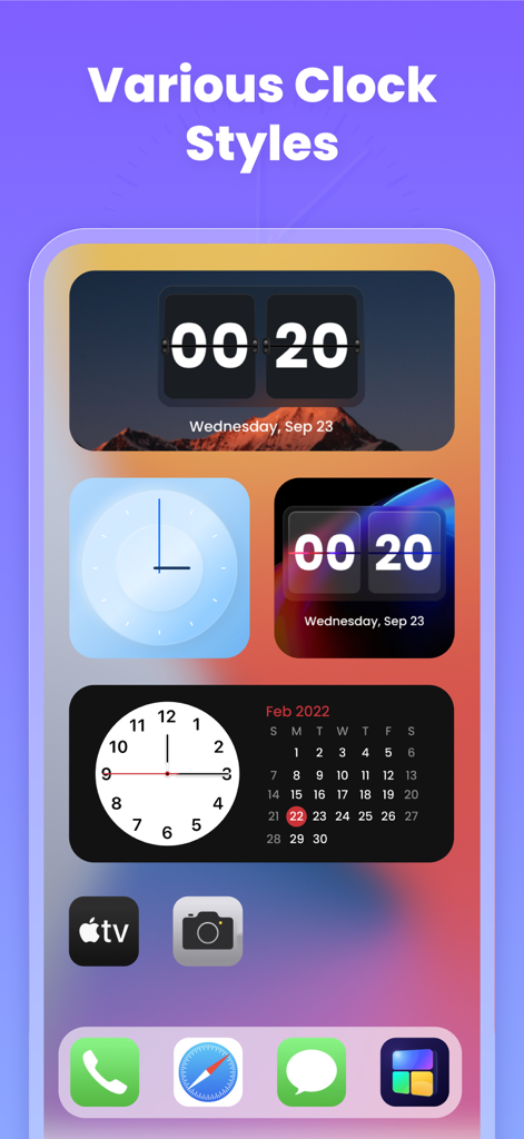 A variety of aesthetic digital and analog clock widgets on an iPhone home screen