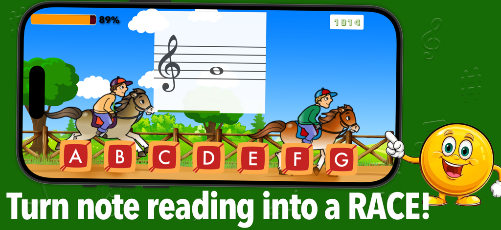 Flashnote Derby - Flashnote Derby app screen showing a horse race game for children to practice music note reading