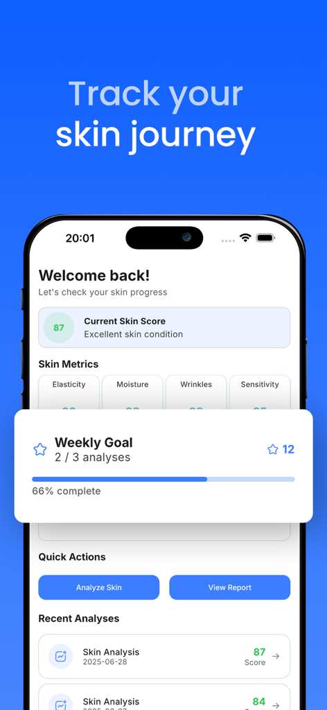 AI Skin Scanner Face Analyzer - Dashboard dell'app mobile che mostra metriche del punteggio della pelle e analisi settimanale