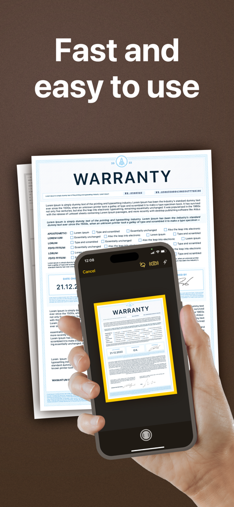 My Scans, best PDF Scanner App - Una mano tiene uno smartphone che utilizza l'app My Scans per scansionare un documento di garanzia con rilevamento automatico dei bordi.