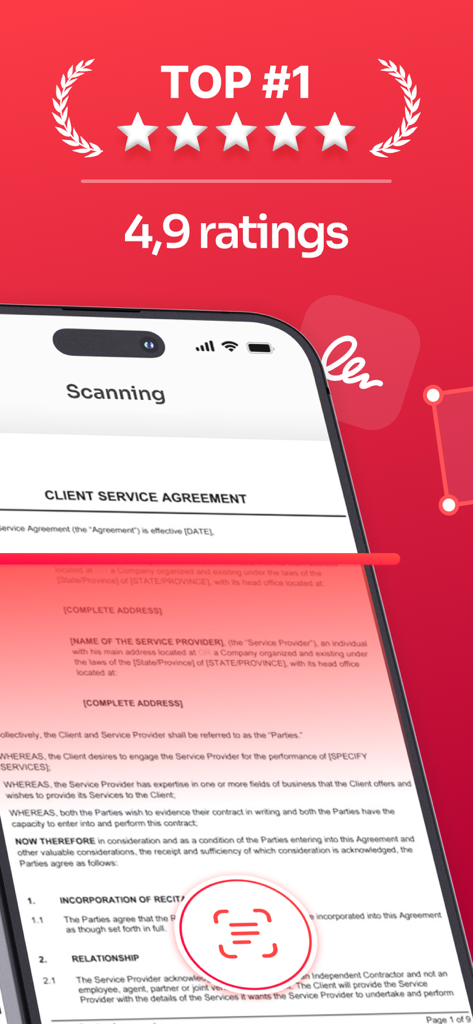PDF Scanner. Scan Document - Interface do aplicativo de scanner PDF mais bem avaliado mostrando um documento sendo digitalizado na tela de um smartphone.