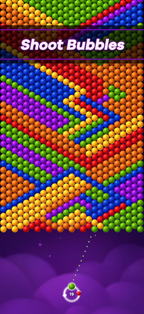 A colorful bubble shooter game interface with various colored bubbles and an aiming line to shoot