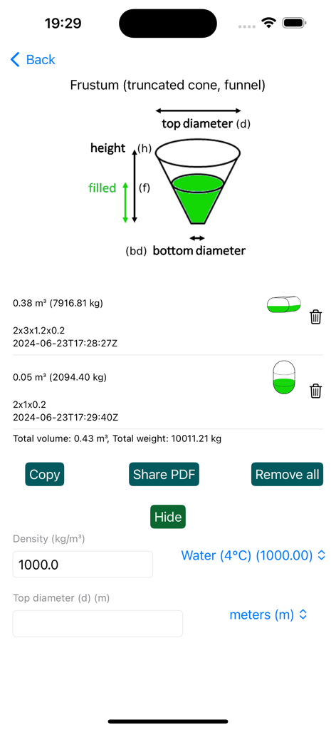 Tank Measure: Volume Calc - Interface of Tank Measure app showing volume calculation for a frustum shaped funnel tank