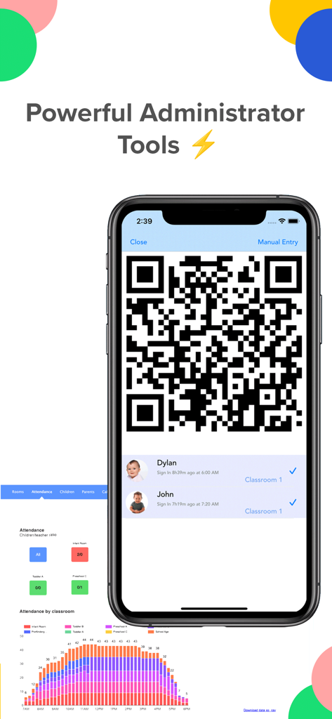 Panel de administración en la aplicación Daily Connect que muestra un código QR para el registro sin contacto y gráficos de seguimiento de asistencia infantil.