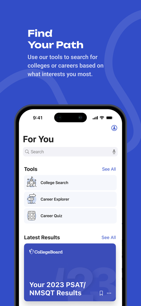 BigFuture School app interface showing college search, career explorer, and PSAT test results.