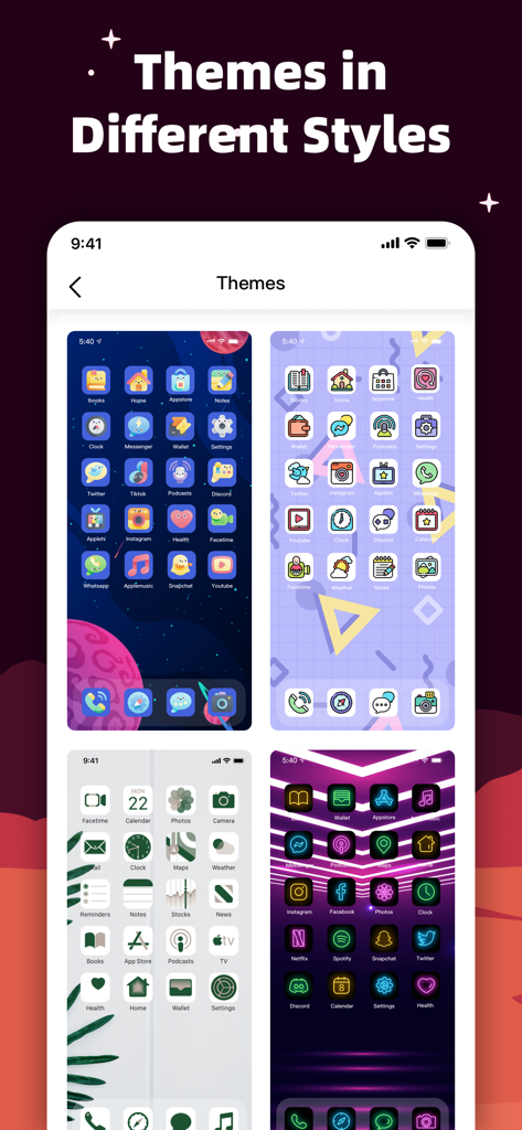 MyICON Changer – Icon Themer - A selection of different aesthetic iPhone home screen themes including space minimalist and neon styles in the MyICON app.