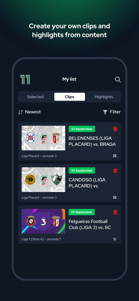 Canal 11 - Interface of the Canal 11 app showing a list of saved football match highlights and clips