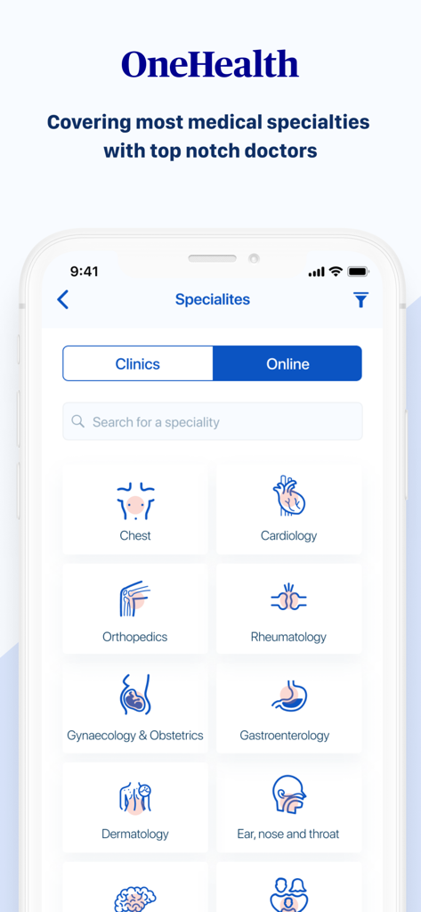 OneHealthモバイルアプリに、心臓病学や整形外科などの診療科のリストが表示され、クリニックまたはオンライン予約が可能です。