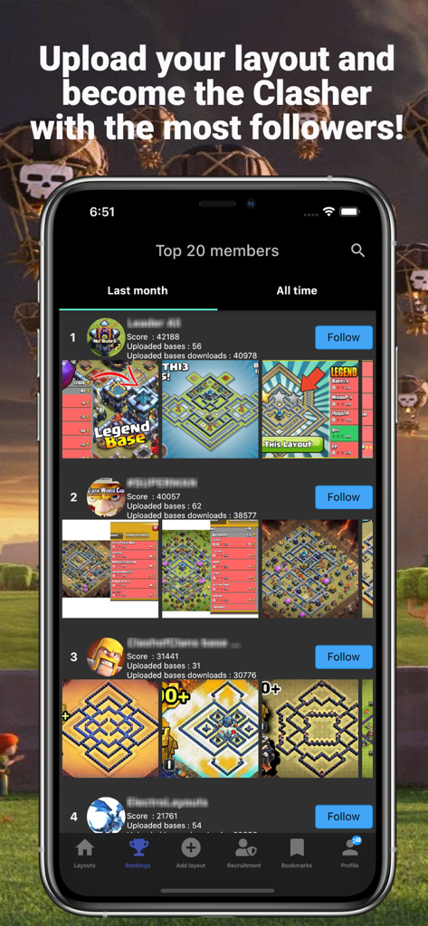 BasePedia for Clash of Clans - Leaderboard of top members and base layout contributors in the BasePedia app for Clash of Clans.