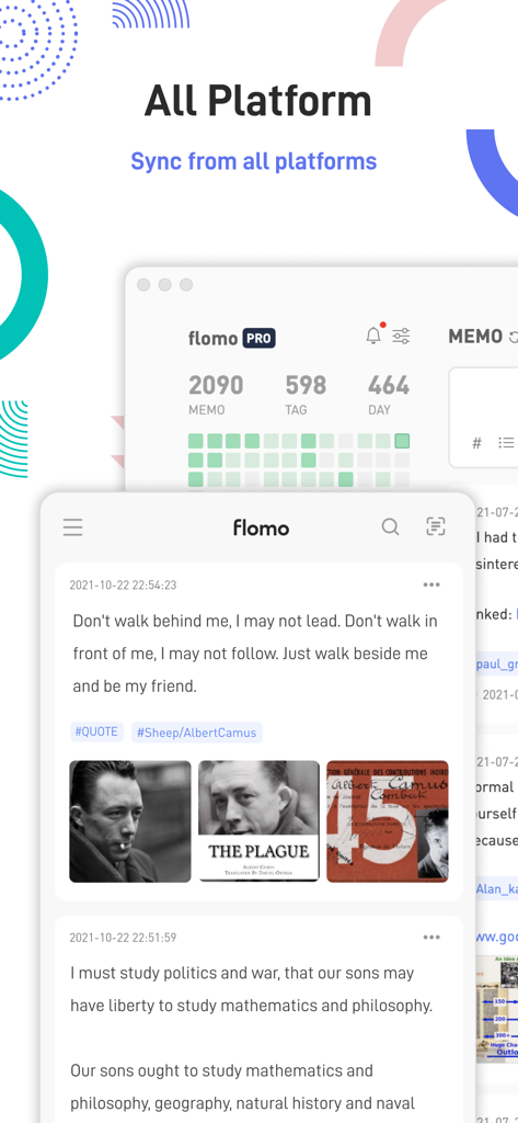 flomo浮墨-极简卡片笔记、轻便签与日记备忘 - Flomo app interface showing cross platform synchronization between mobile and desktop devices with minimalist note cards and an activity heatmap