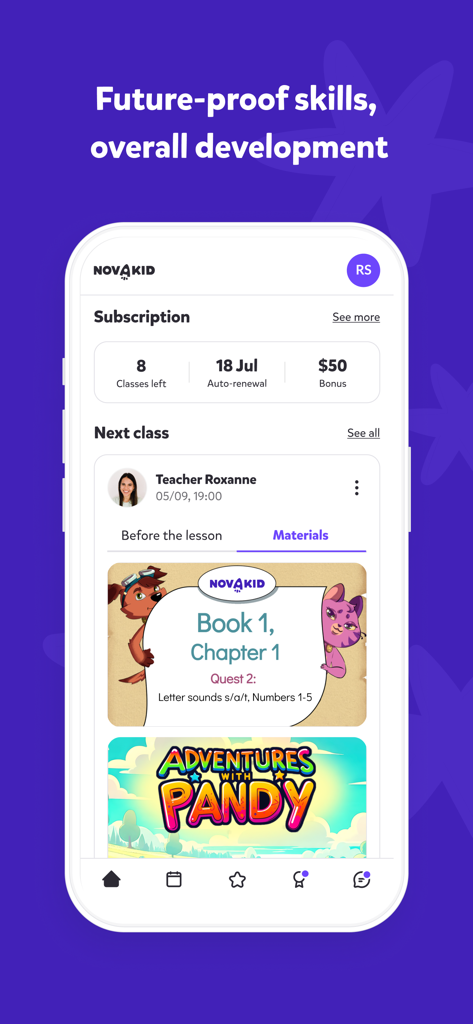 NOVAKID English school - Novakid app parent dashboard showing subscription details next class schedule and learning materials