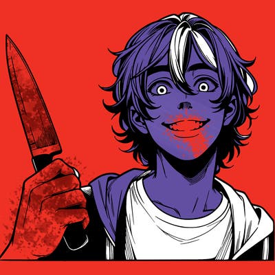 teenage realistic guy with long ish hair holding a knife and has a big grin