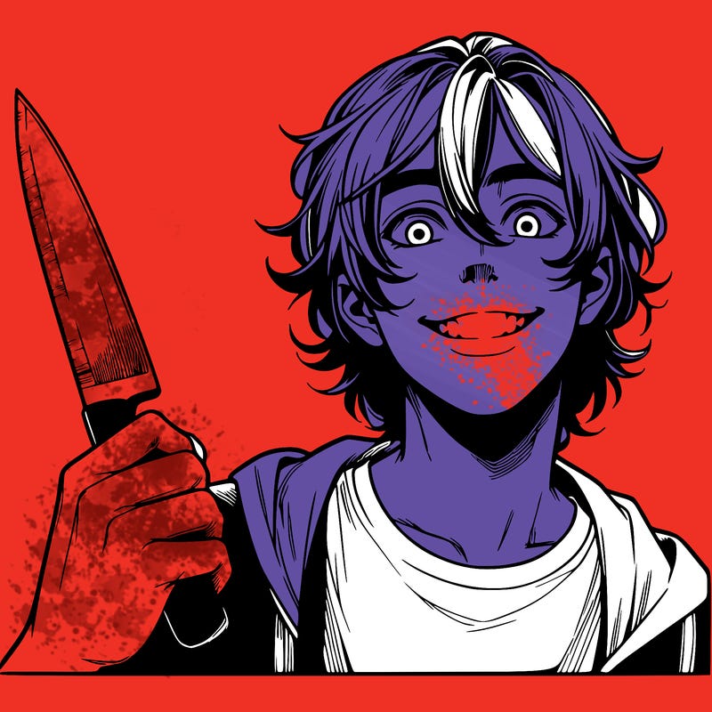 teenage realistic guy with long ish hair holding a knife and has a big grin