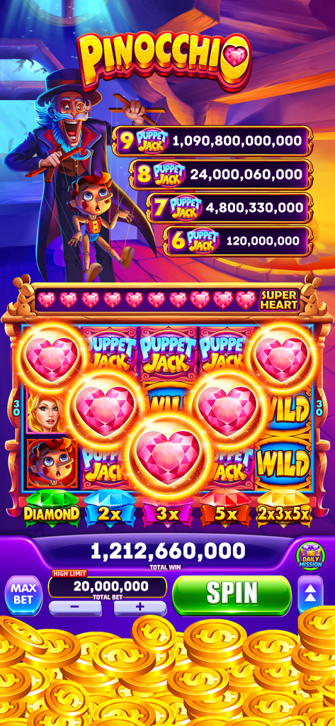 Jackpot Winner Casino Slots - Pinocchio themed vertical slot machine screen with puppet jack bonuses and large coin win