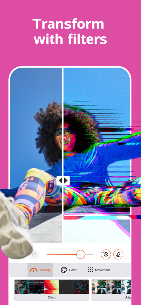 Captura de pantalla del editor de Photo Up que muestra una transformación con filtro glitch con una vista de comparación de antes y después